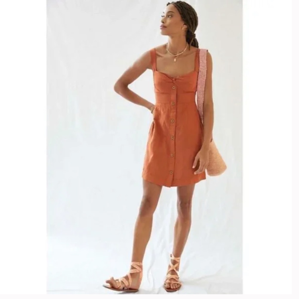 New Anthropologie Maeve Twist-Front Mini Dress Rust Linen Small